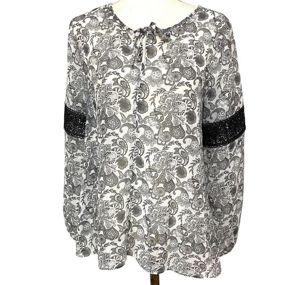 Wrangler Women's Black White Paisley Print Pullover Peasant Blouse Size Medium